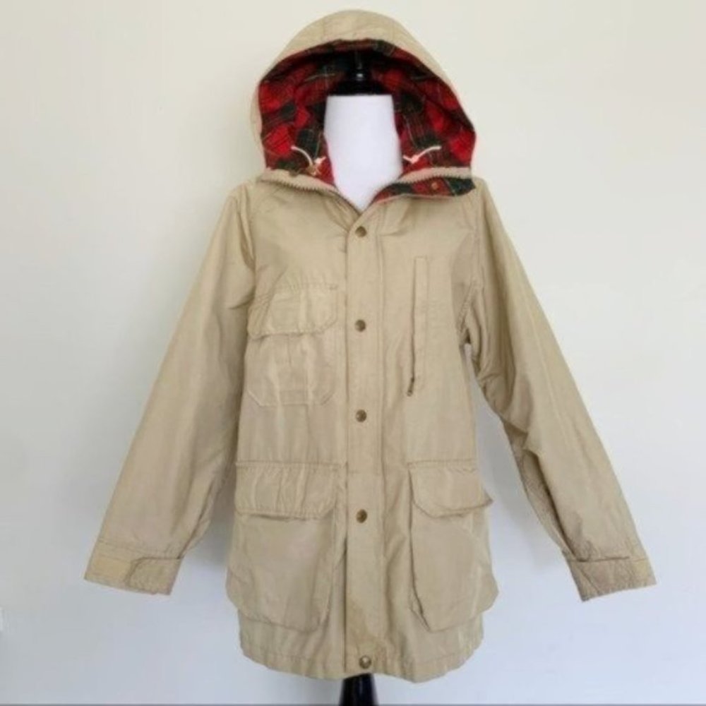 Vintage 80s Woolrich Tan Plaid Flannel Lined Hooded Anorak Utility Jacket Medium - Picture 2 of 16
